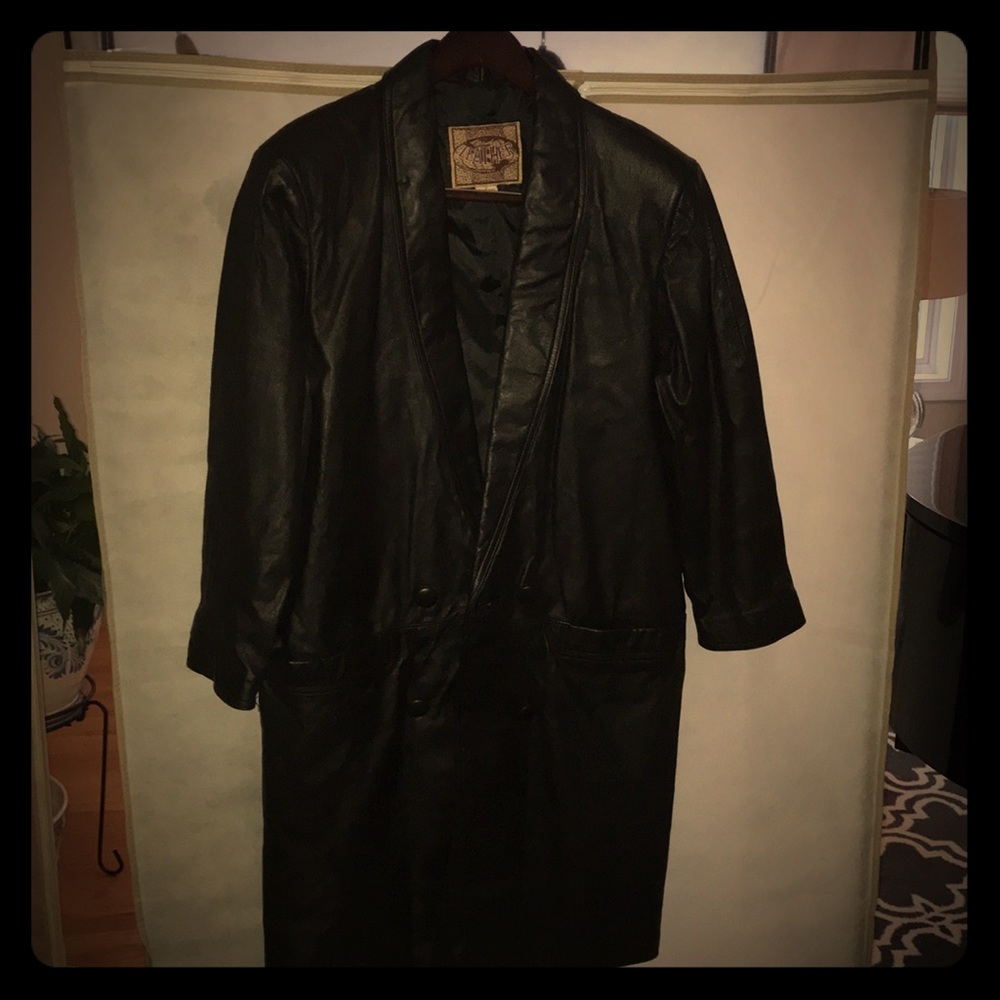 Women’s long black leather coat